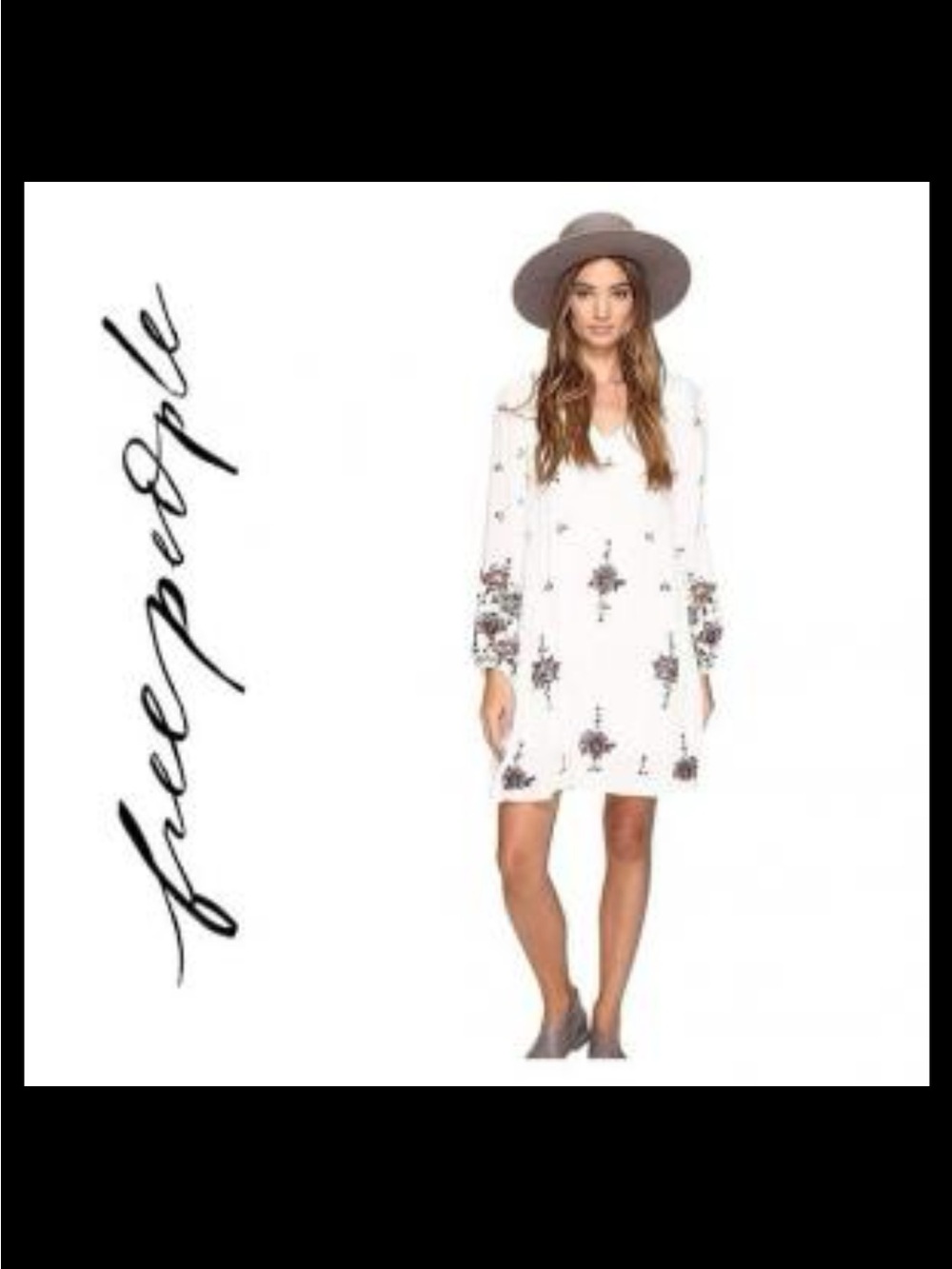 Free People White Floral Long Sleeve Shift Dress with Mauve Accents